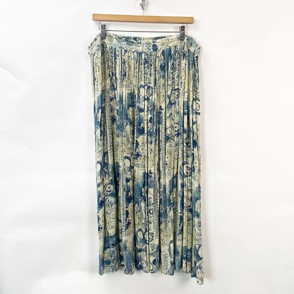 2/$30 Vintage Large Womens Cream/Blue High Waisted Pleated A-Line Midi Skirt - Picture 1 of 8